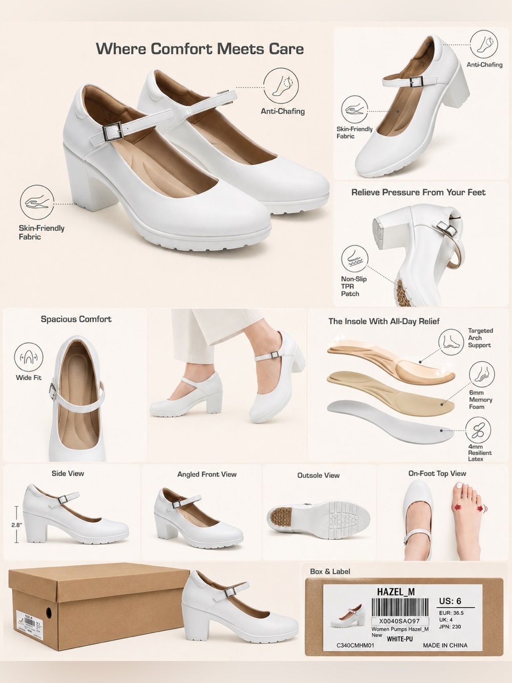 Hazel_M Women’s White Mary Jane Block Heel Pumps Size 6 New in Box